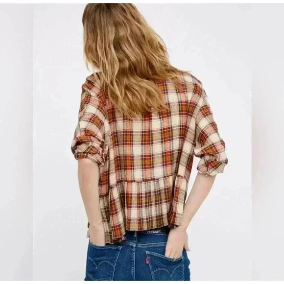 Free People Orange Promise Everything Crop Plaid Button Shirt Small - Picture 2 of 7